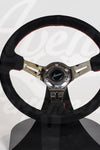 AVENUE BLACK SUEDE/ RED STITCHING/ CHROME SPOKES STEERING WHEEL